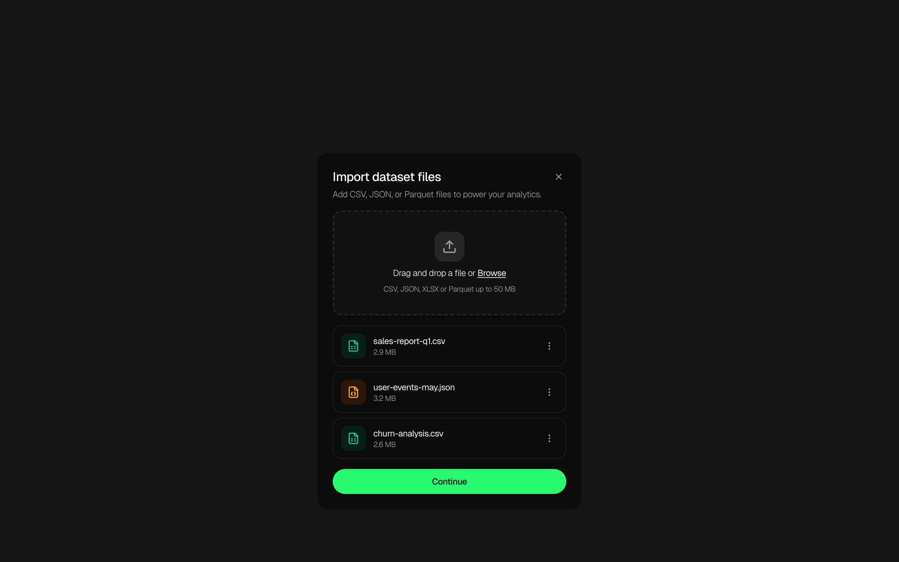 Dataset file uploader with drag-and-drop zone and file list