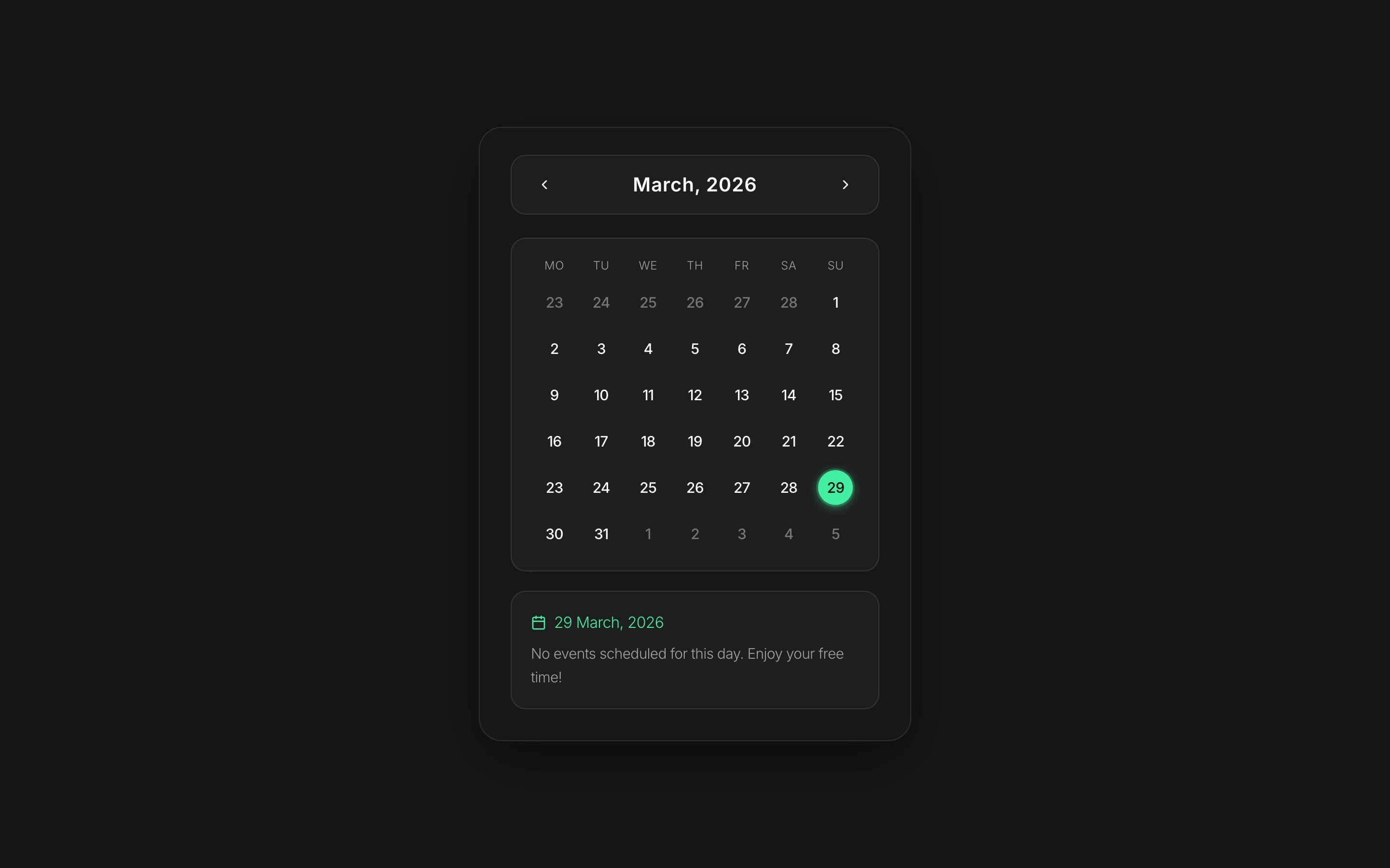 Neon-styled calendar with event dots and date selection