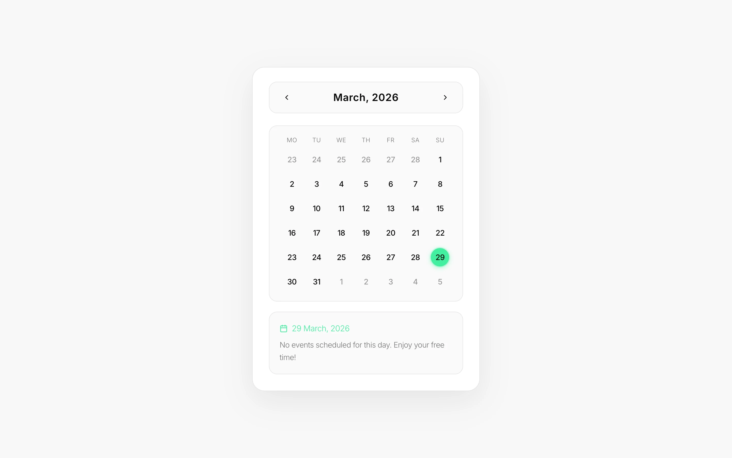 Neon-styled calendar with event dots and date selection
