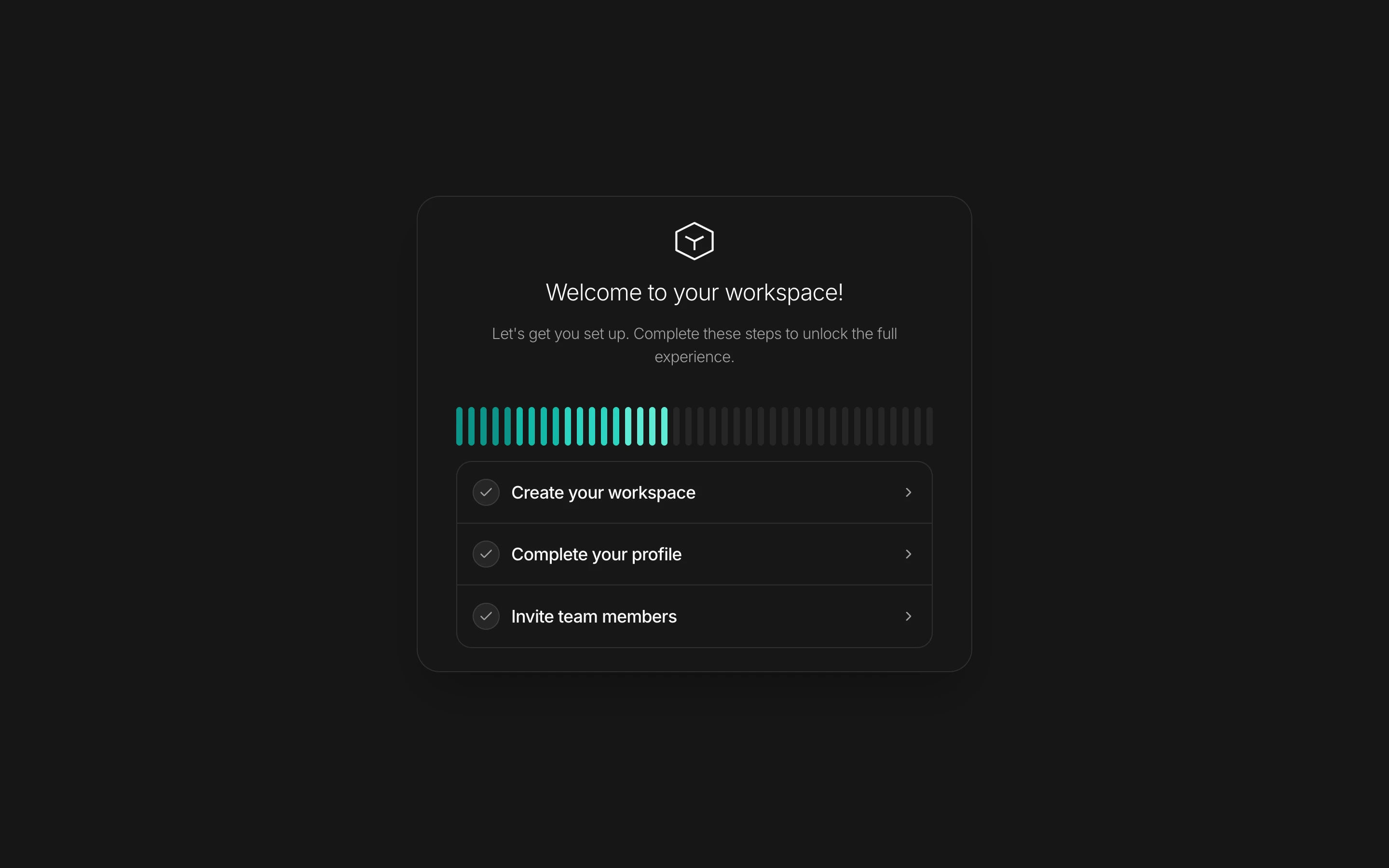 Onboarding checklist card with segmented progress meter