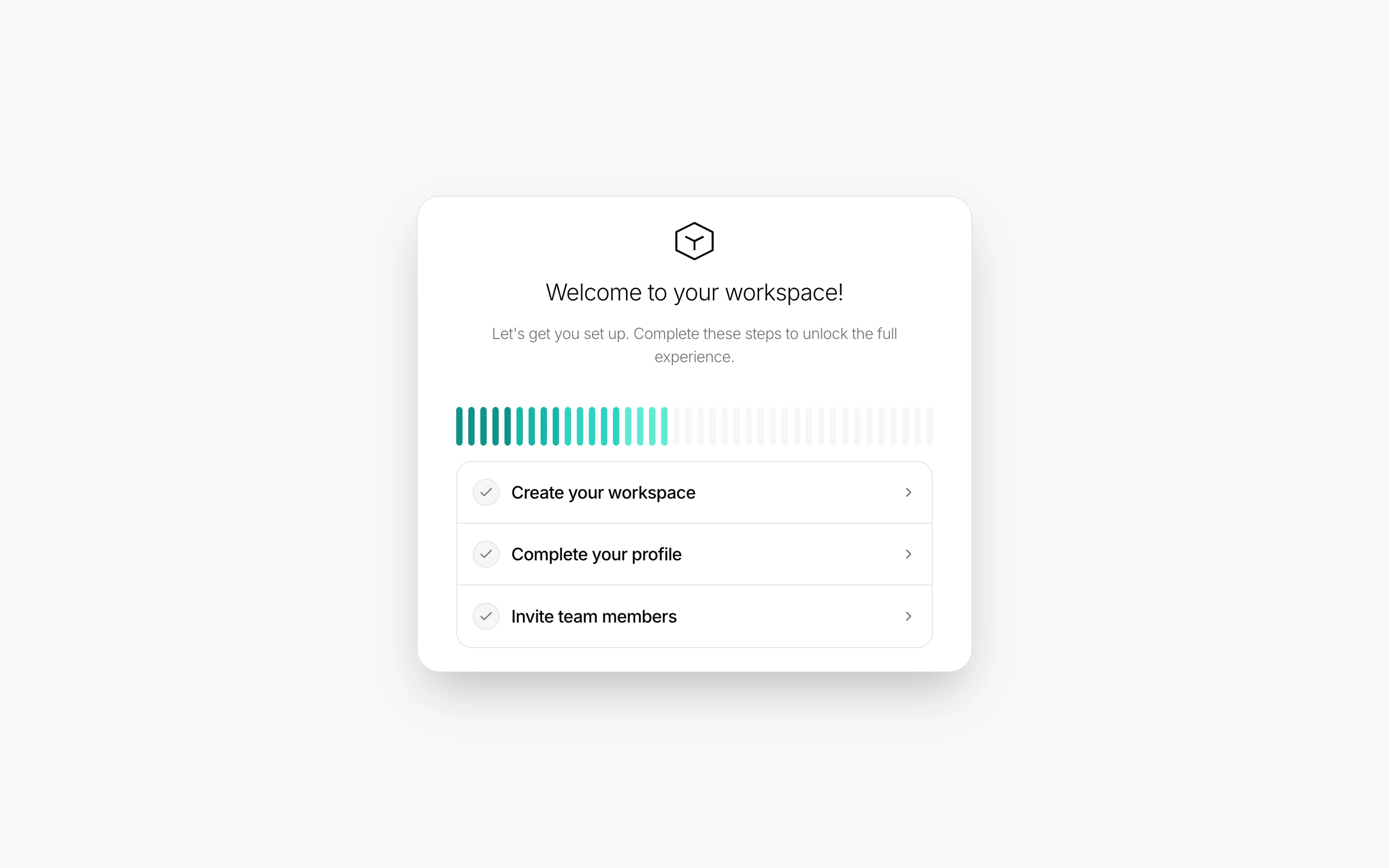 Onboarding checklist card with segmented progress meter