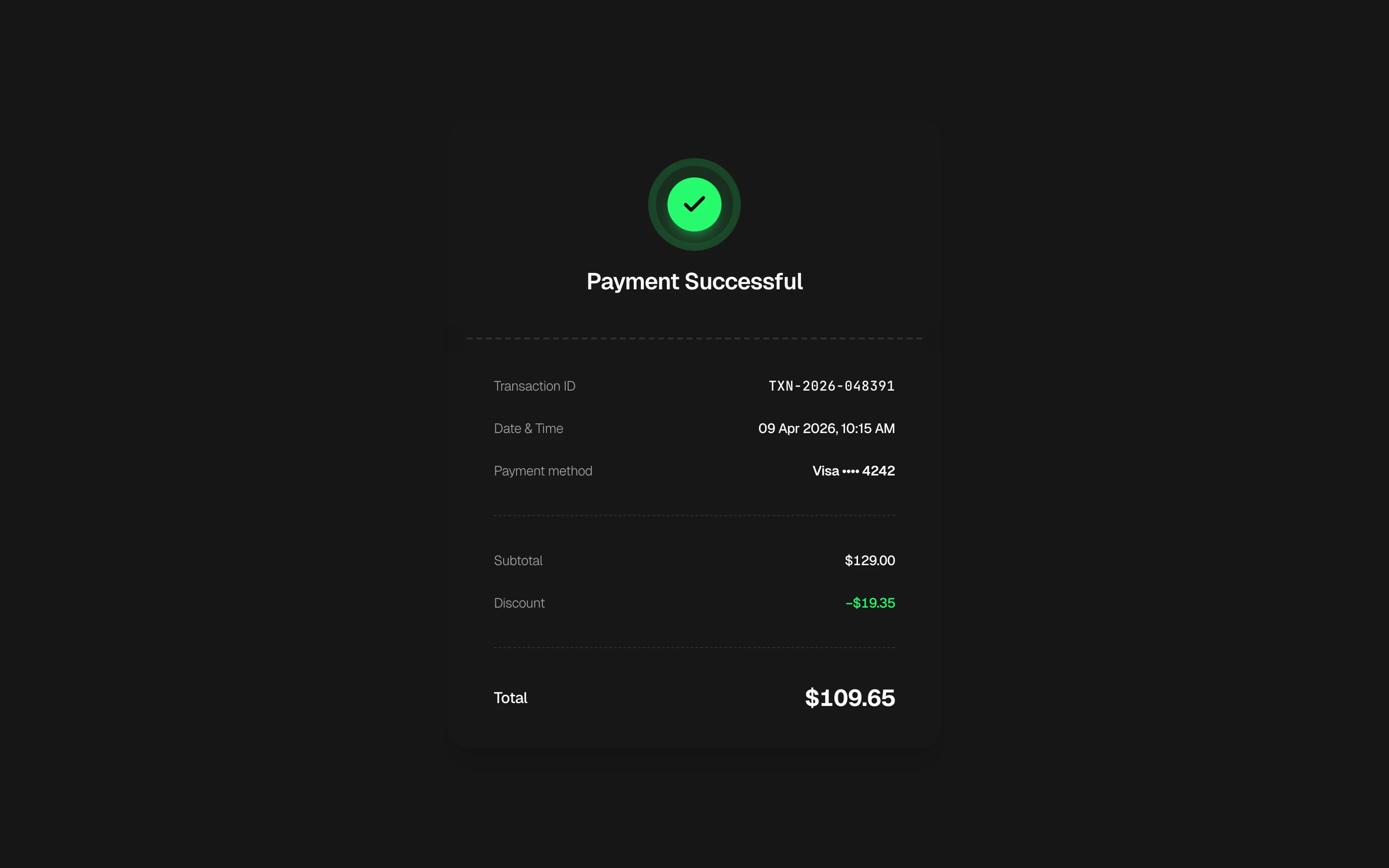 Payment success receipt with ticket-style notch separator and scalloped bottom edge