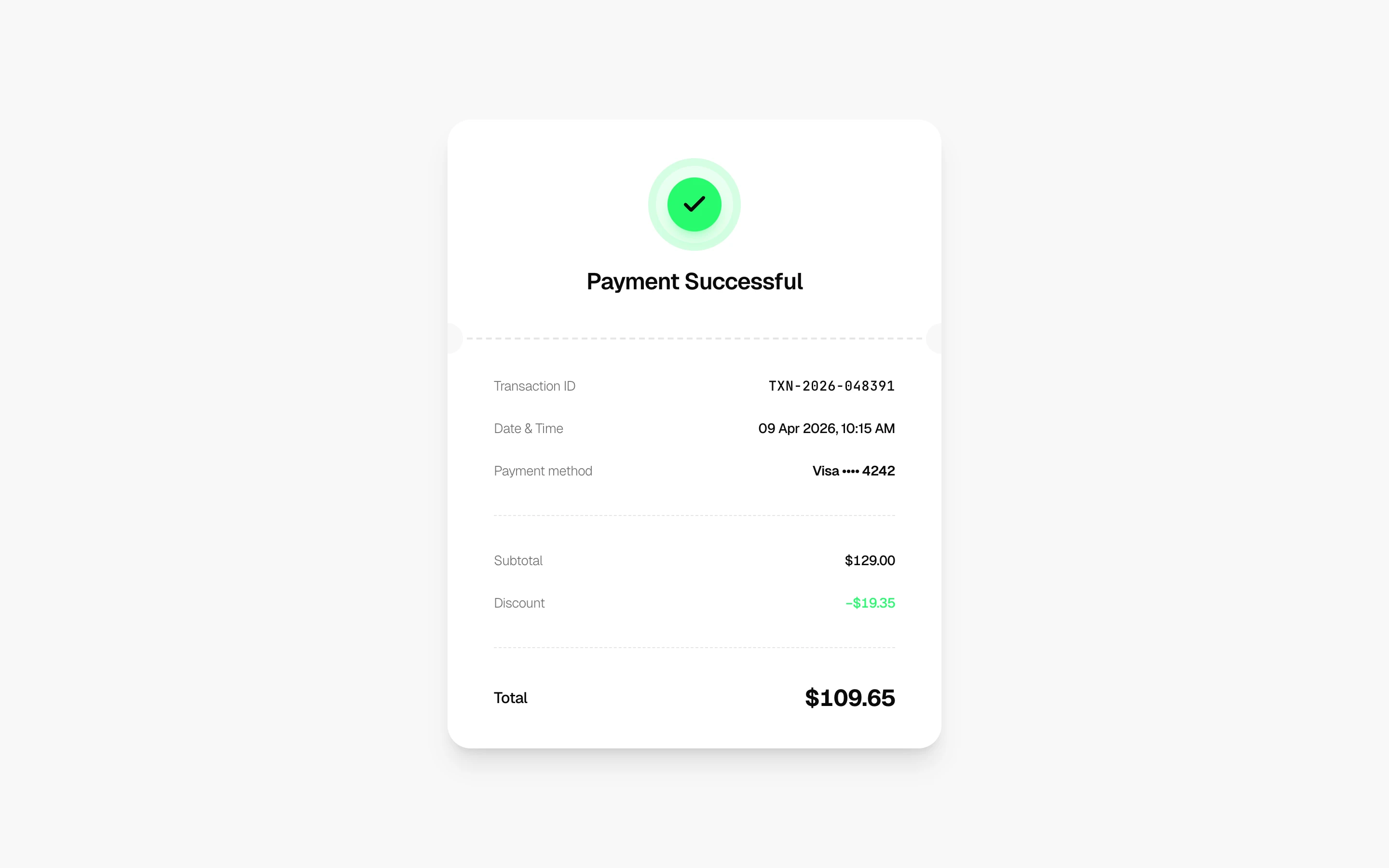 Payment success receipt with ticket-style notch separator and scalloped bottom edge